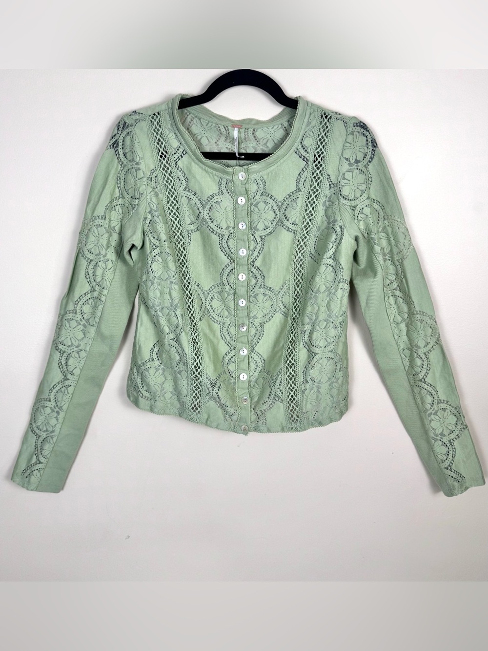 Free People Jae Sheer Lace Knit Long Sleeve Top Soft Moss Green M